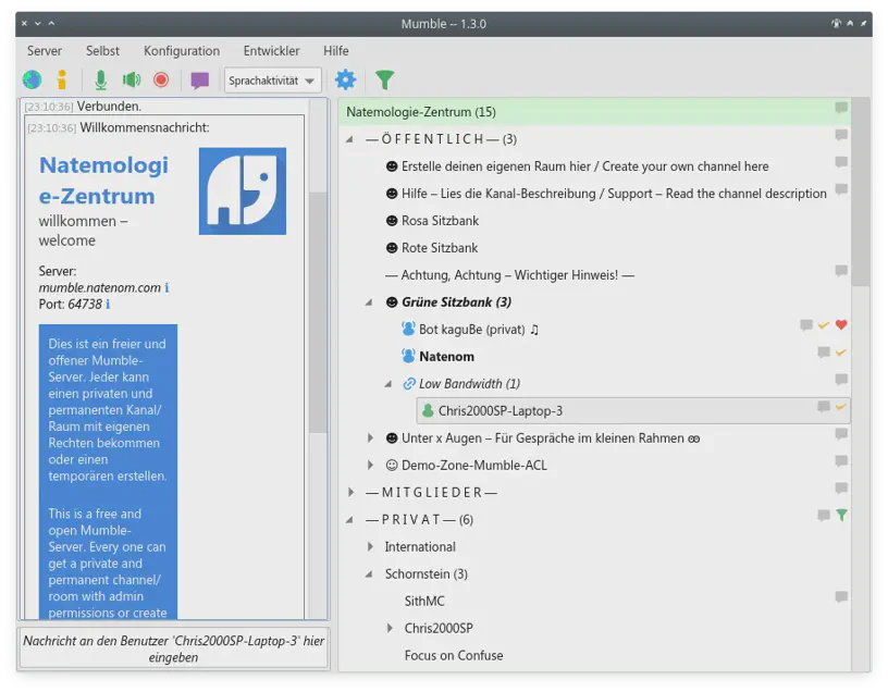 Screenshot eines Mumble-Hauptfensters. Zu sehen sind die Willkommensnachricht vom Server Natemologie-Zentrum und die Kanalstruktur mit drei Benutzern auf dem Server, einer davon ist ein Musikbot.
