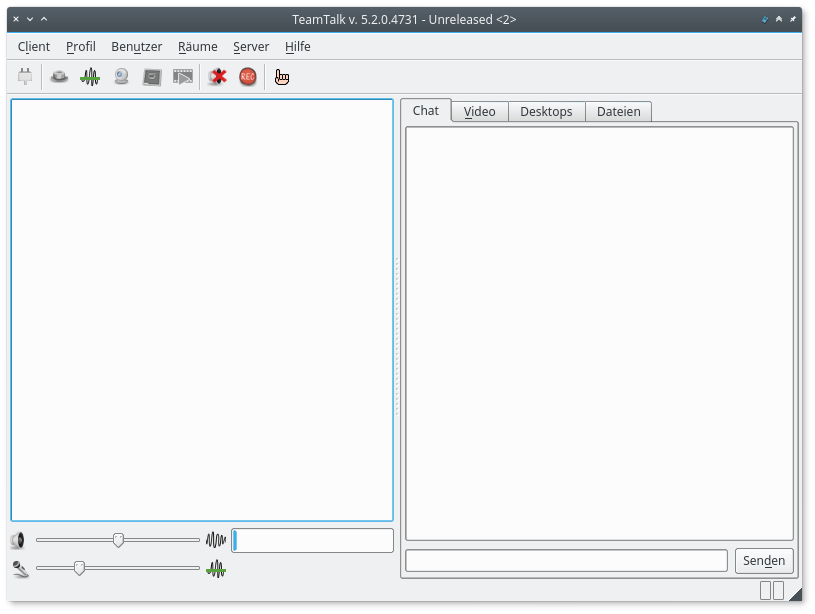 Hauptfenster von TeamTalk. Noch ohne Inhalt, da nicht mit einem Server verbunden.